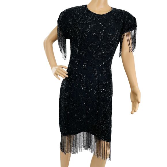 Vintage 80s Stenay Black Silk Bead Fringe 20s Flapper Elegant Cocktail Dress 6 - Picture 1 of 13